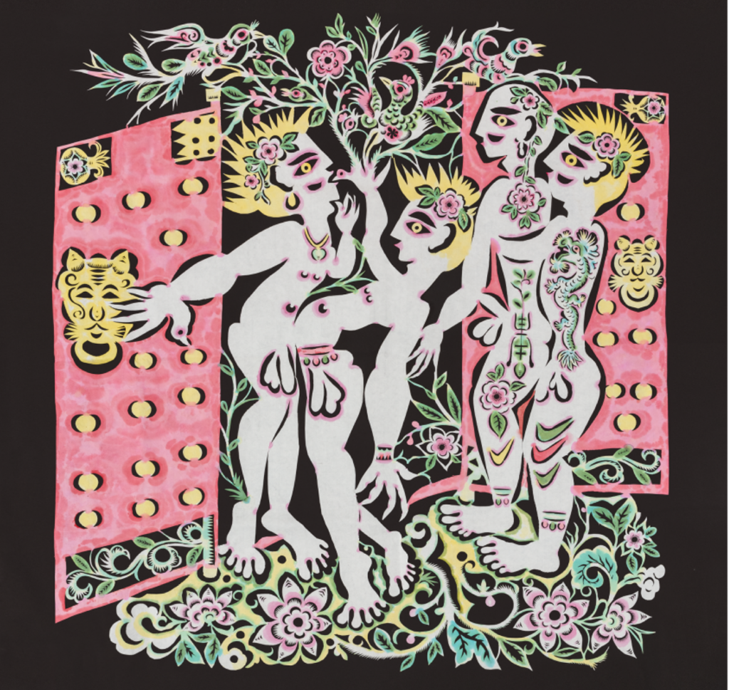 A colourful papercut by Xiyadie. It shows four abstracted figures, all with phalluses, in what appears to be a garden. Two red ornamental doors with yellow studs and feline decorative handles stand open behind the figures. The flowers and the branches that span above the figures seem to sprout from the figures themselves.